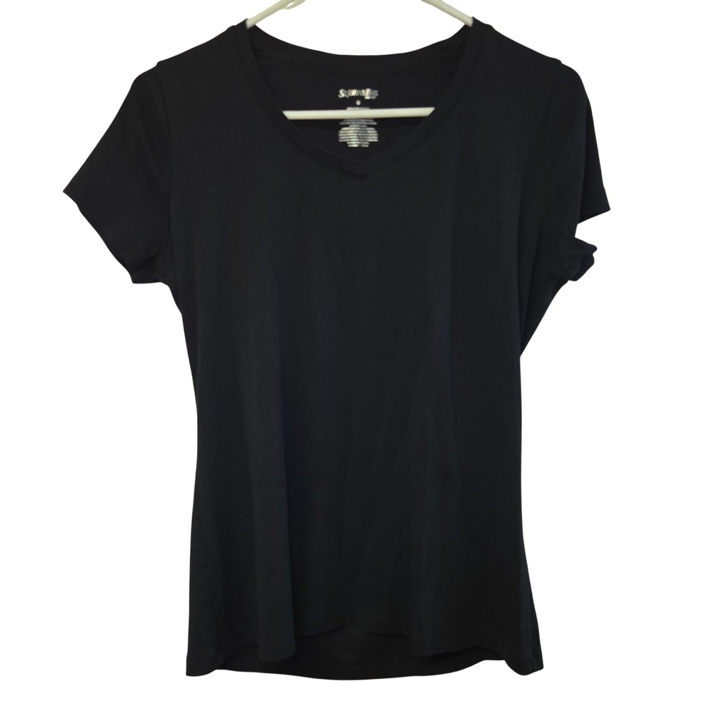 St Johns‎ Bay Womens Medium Black V-Neck Short Sleeve 100% Cotton Tee Shirt